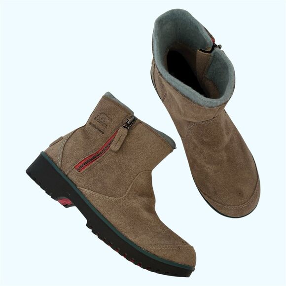 Sorel Meadow Suede Waterproof Winter Boots 7.5 Leather Zip Ankle Taupe Gray Blue - Picture 1 of 12